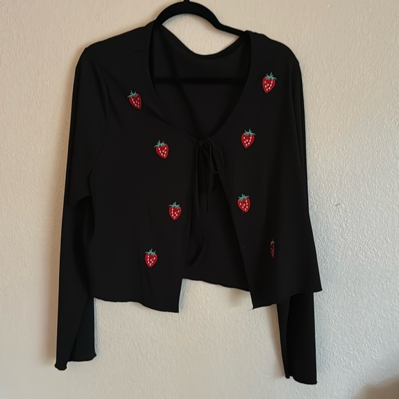 Black strawberry embellished light cardigan with string to tie it - Picture 1 of 3